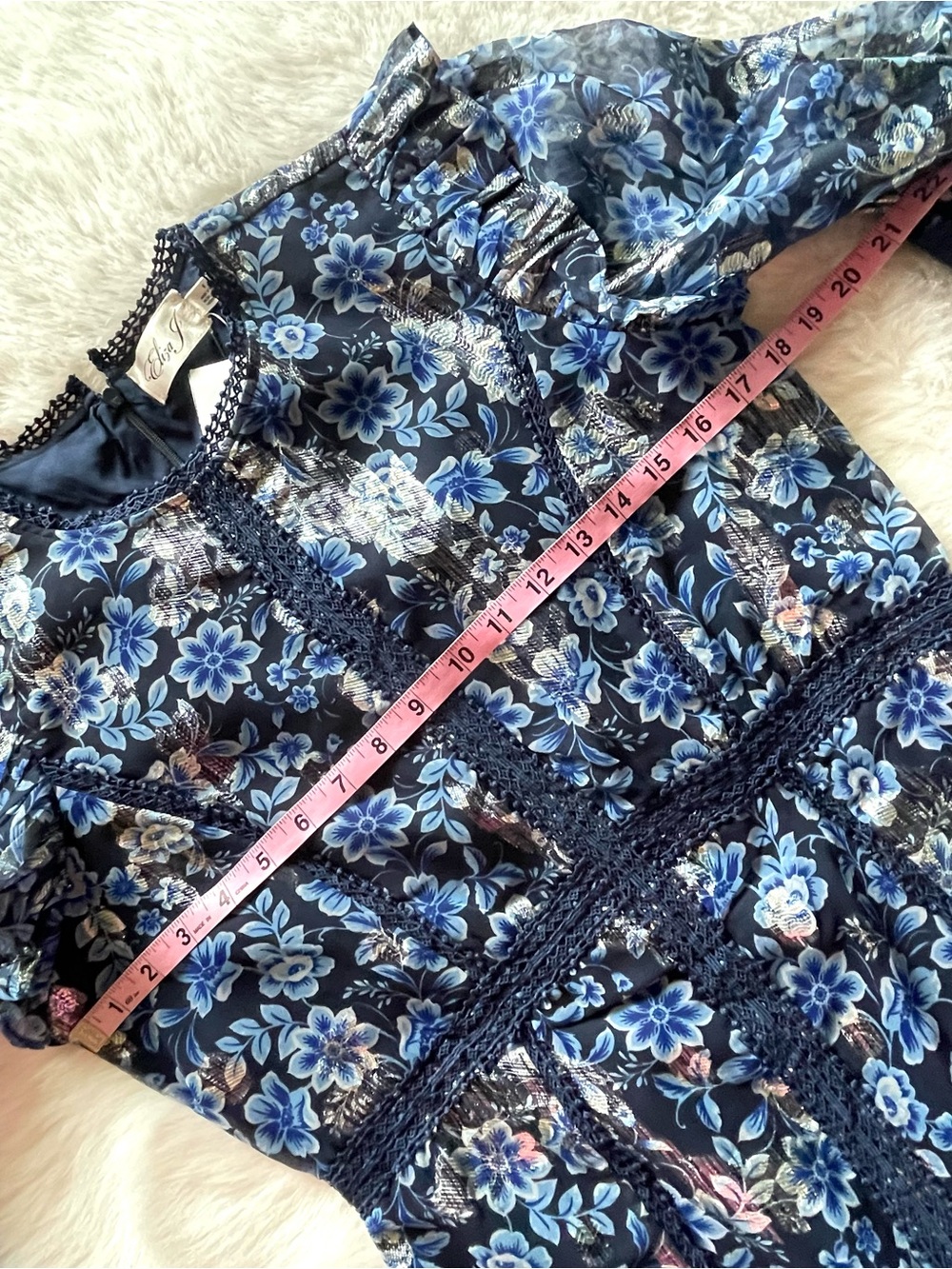 NWT Eliza J. Navy Blue & Silver Floral Ruffled Long Puff Sleeve Dress - Picture 7 of 16